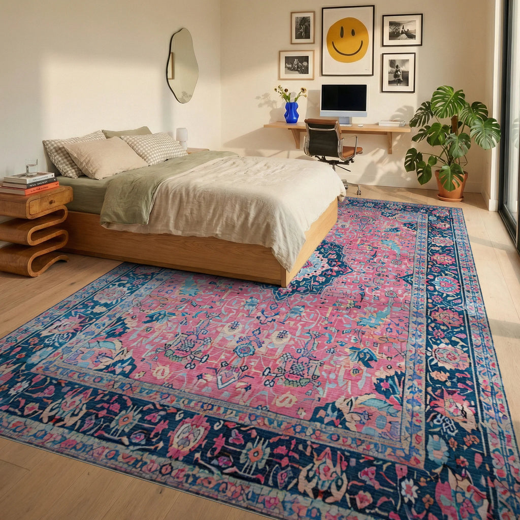 Pink Cream Blue Floral Medallion Rug Bedroom View