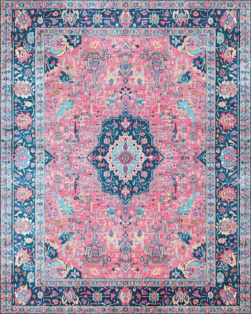 Pink Cream Blue Floral Medallion Rug - Cutout View