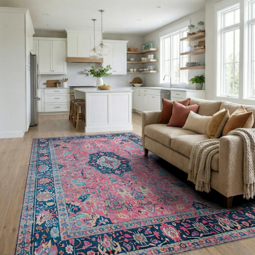 Pink Cream Blue Floral Medallion Rug Living Room View