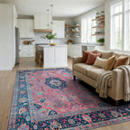Pink Cream Blue Floral Medallion Rug Living Room View
