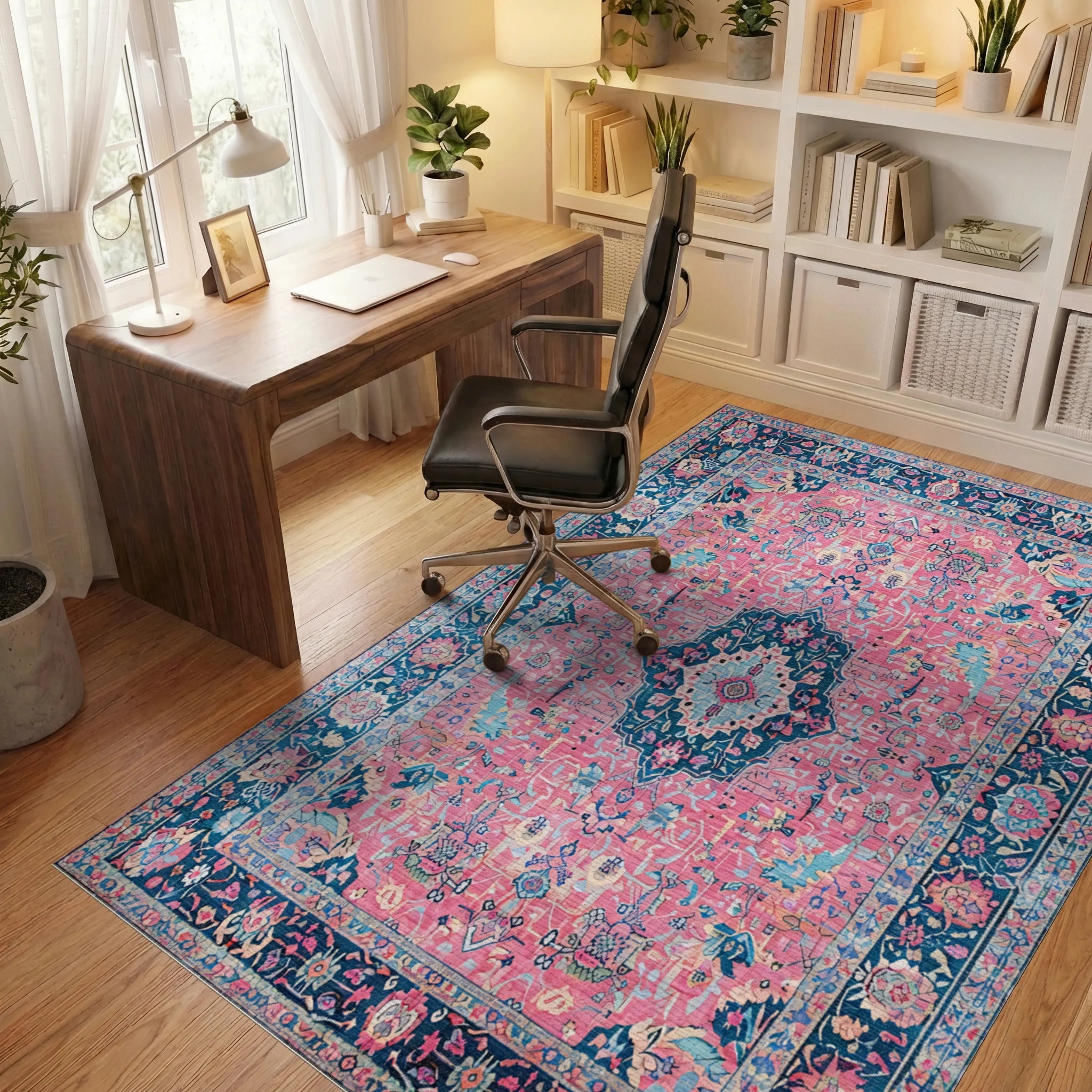Pink Cream Blue Floral Medallion Rug Office View