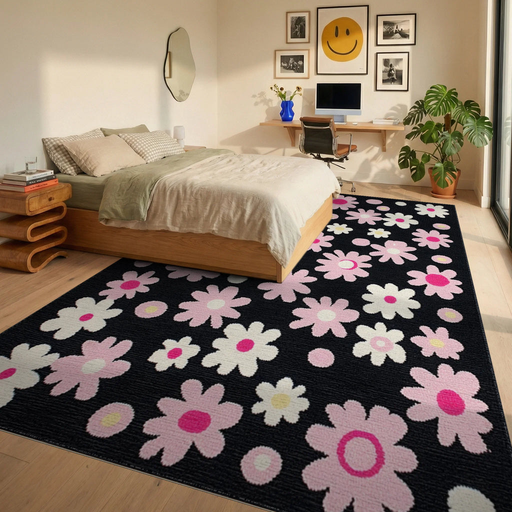 Pink Daisy Floral Arrangement Black Background Rug - Bedroom View