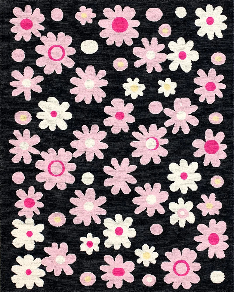 Pink Daisy Floral Arrangement Black Background Rug - Cutout View
