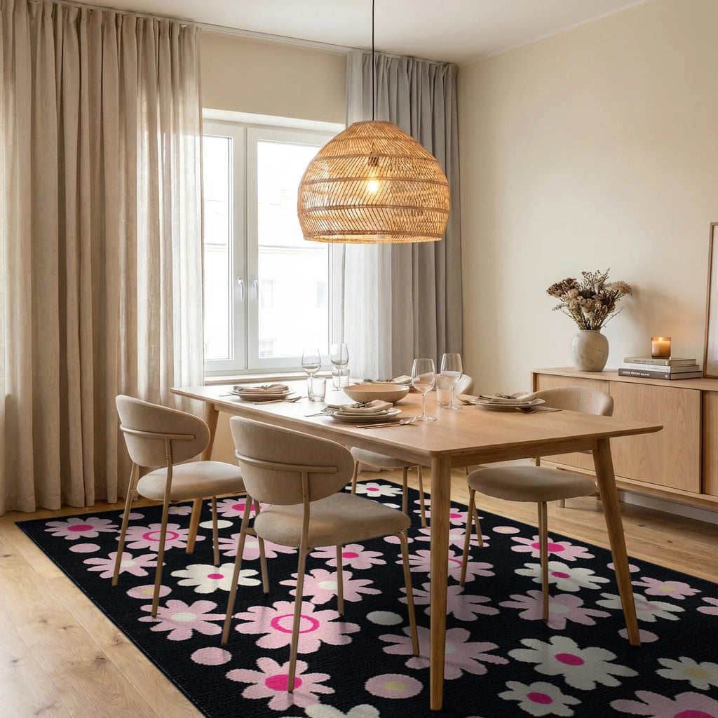 Pink Daisy Floral Arrangement Black Background Rug - Dining Room View