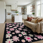 Pink Daisy Floral Arrangement Black Background Rug - Living Room View