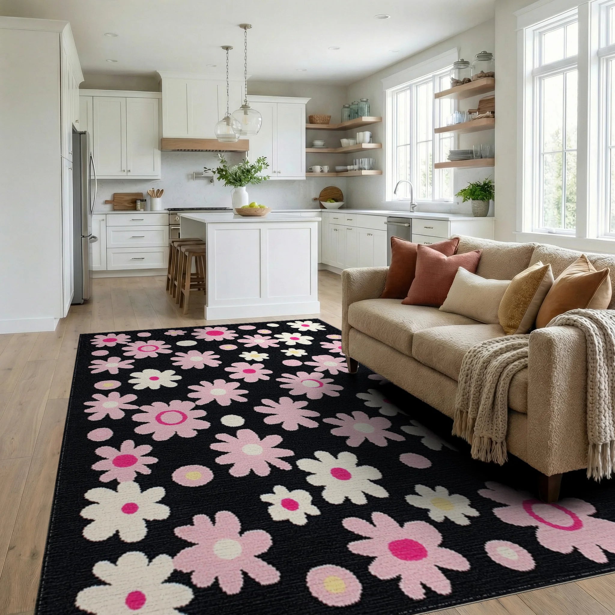 Pink Daisy Floral Arrangement Black Background Rug - Living Room View