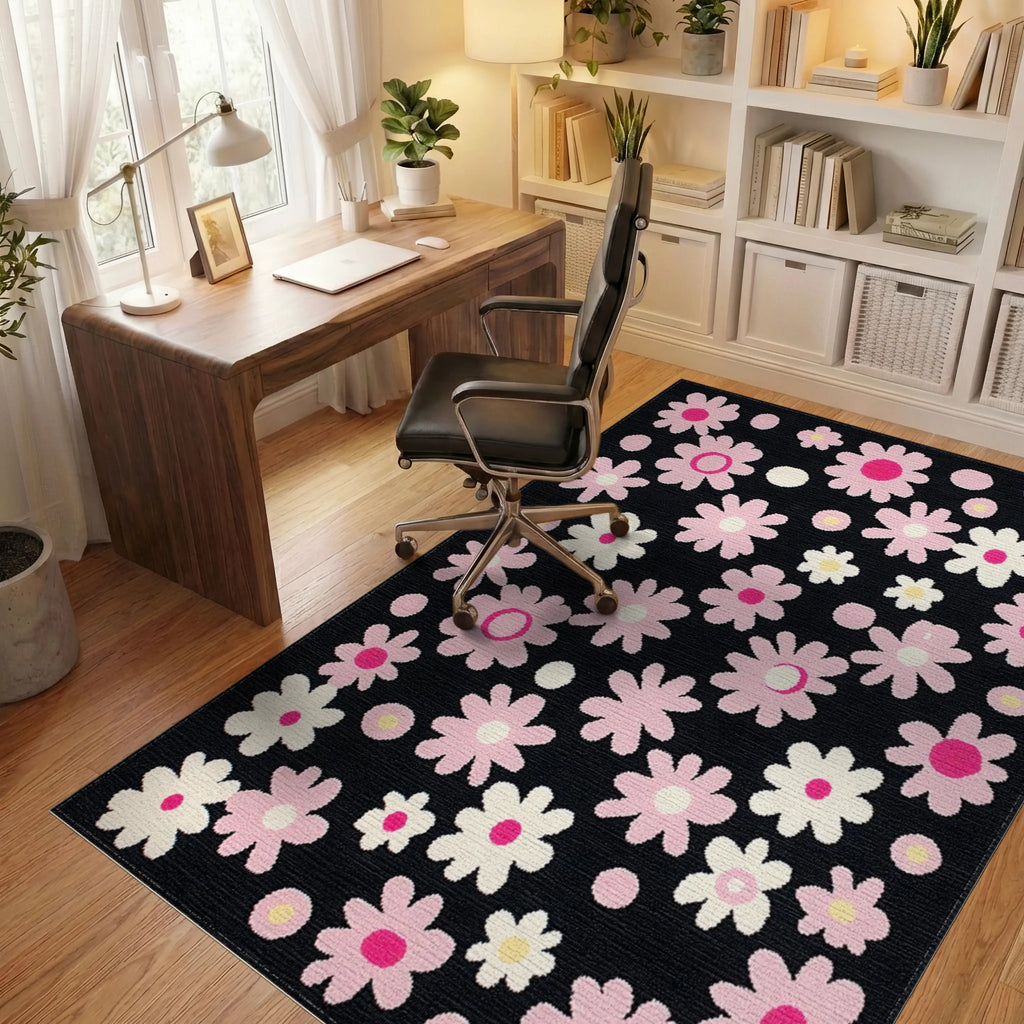 Pink Daisy Floral Arrangement Black Background Rug - Office View