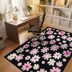 Pink Daisy Floral Arrangement Black Background Rug - Office View