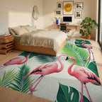 Pink Flamingo Monstera Tropical Rug - Bedroom View