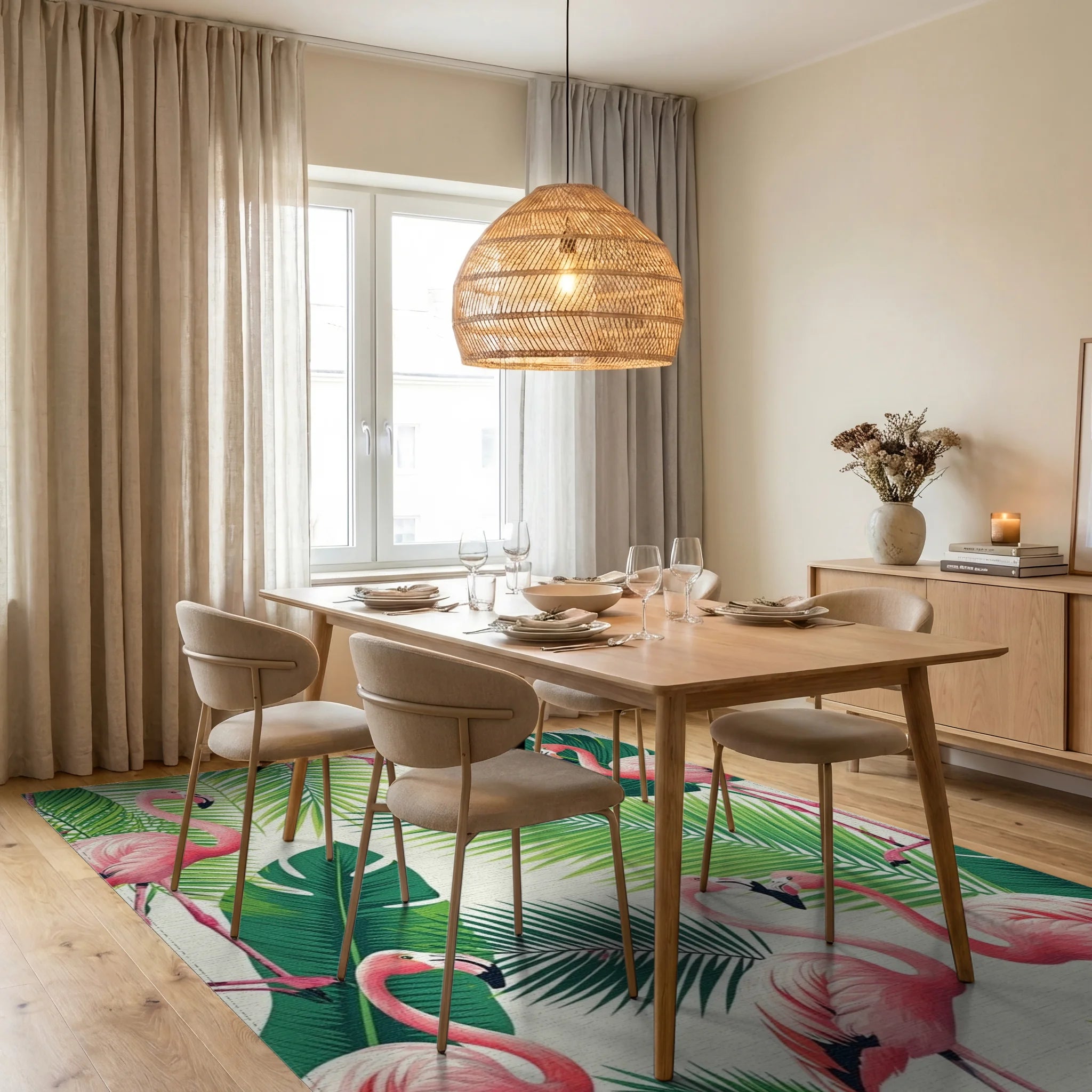 Pink Flamingo Monstera Tropical Rug - Dining Room View