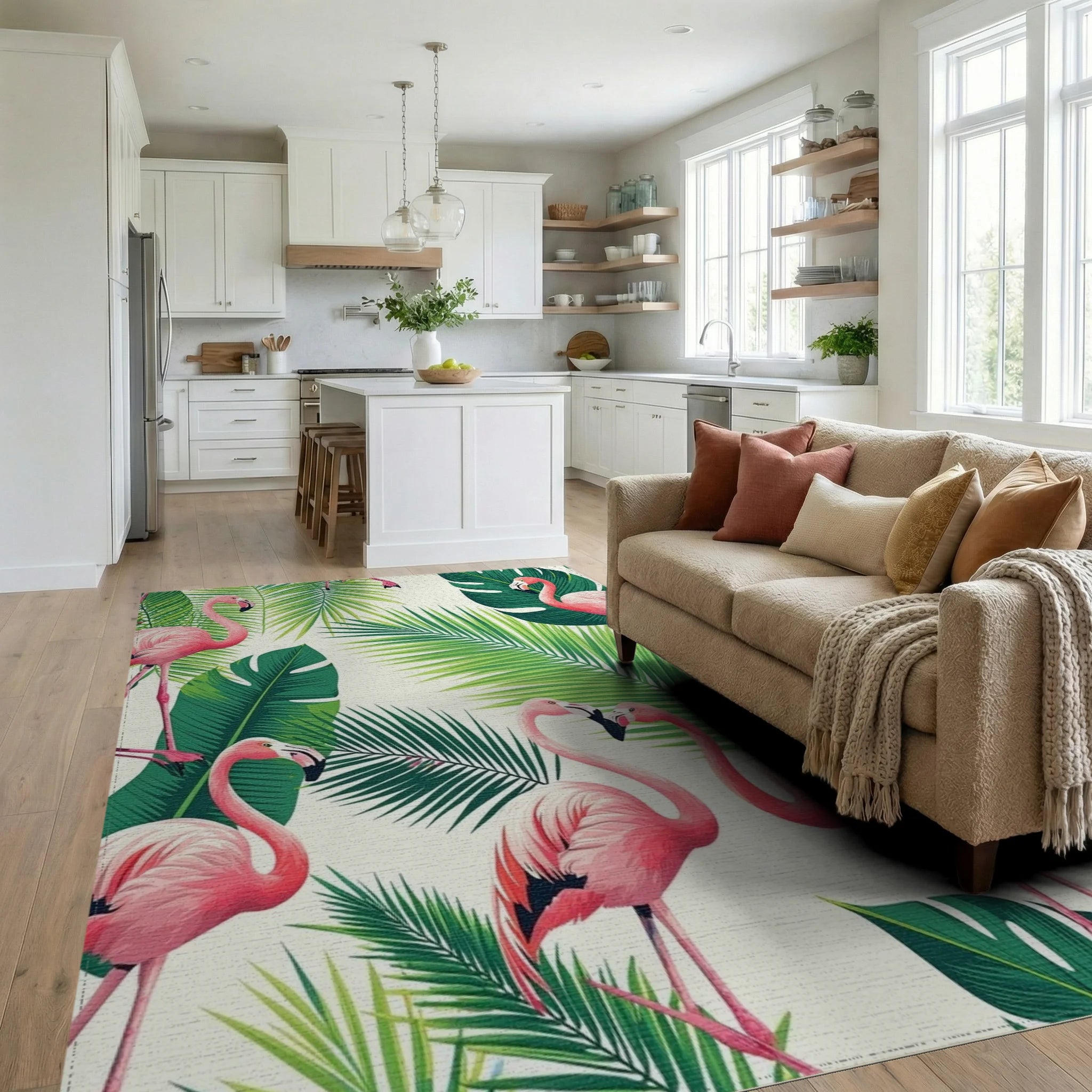 Pink Flamingo Monstera Tropical Rug - Living Room View