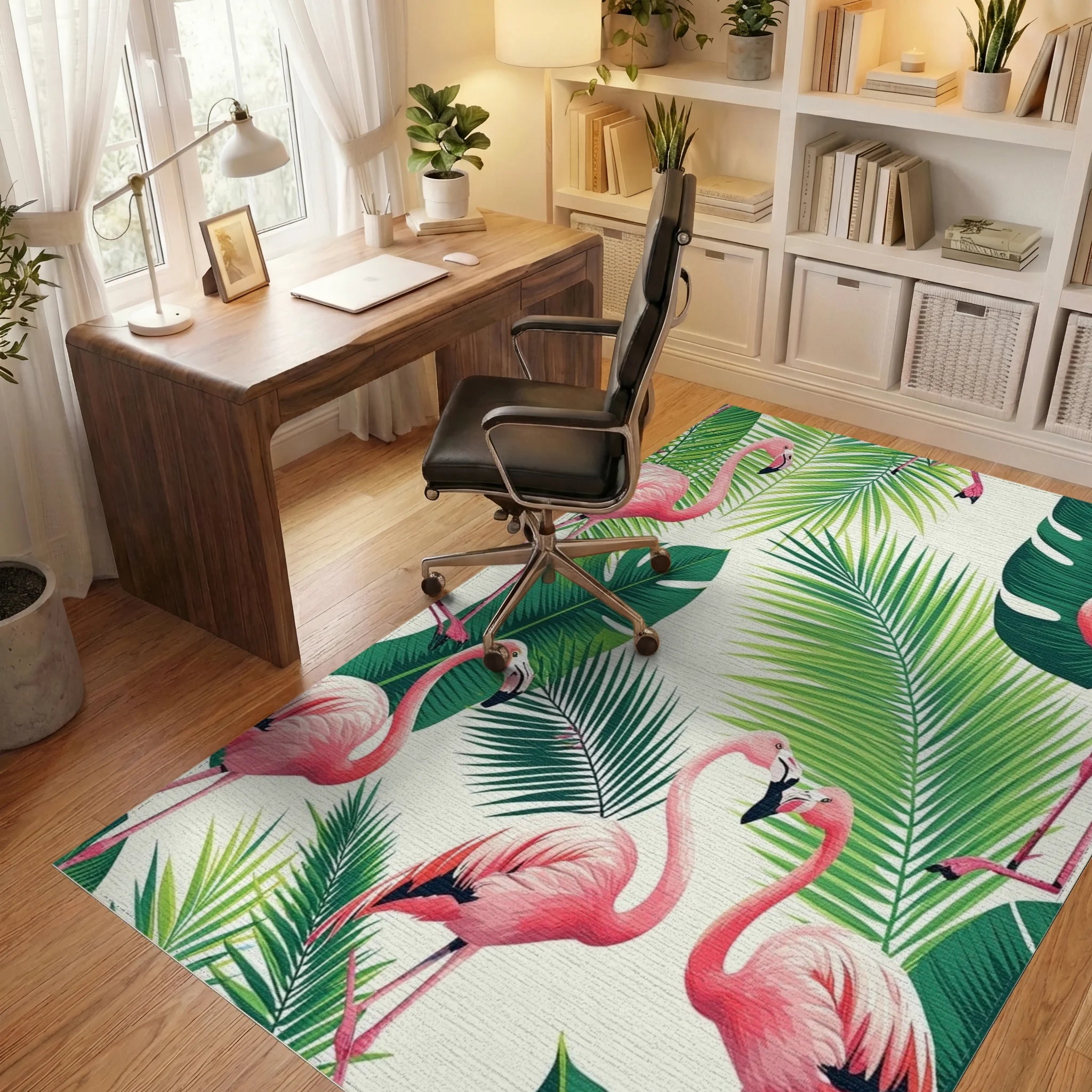 Pink Flamingo Monstera Tropical Rug - Office View
