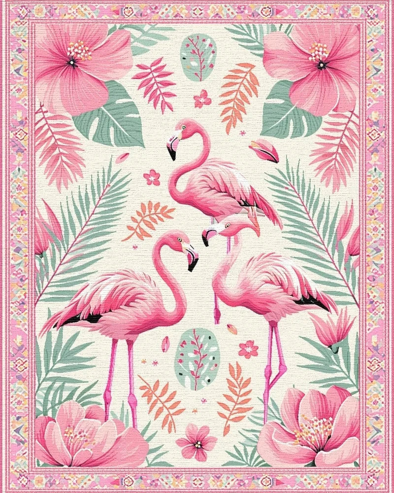 Pink Flamingo Tropical Floral Border Rug - Cutout View