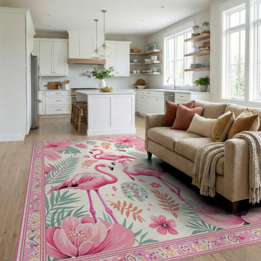 Pink Flamingo Tropical Floral Border Rug - Living Room View