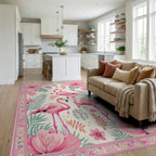 Pink Flamingo Tropical Floral Border Rug - Living Room View