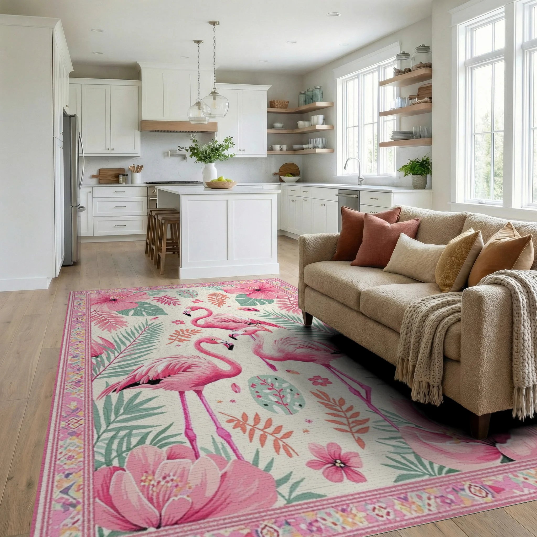 Pink Flamingo Tropical Floral Border Rug - Living Room View