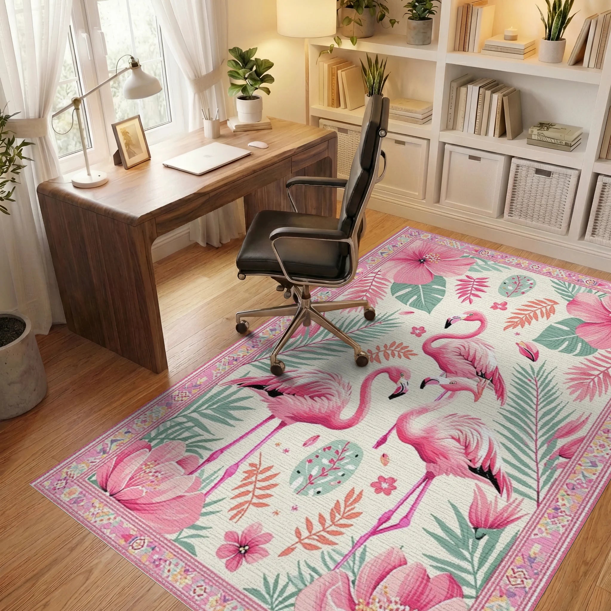 Pink Flamingo Tropical Floral Border Rug - Office View
