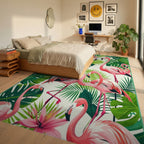 Pink Flamingo Tropical Foliage Rug - Bedroom View