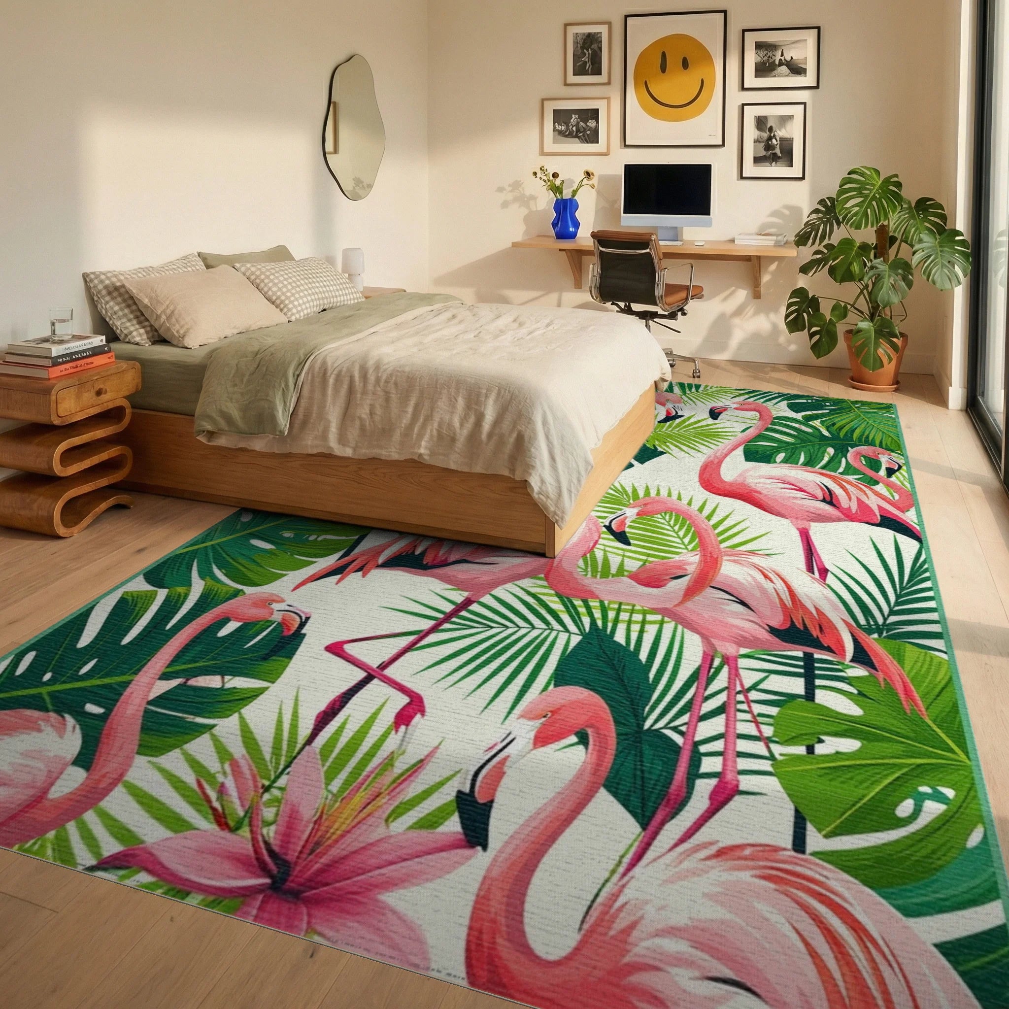 Pink Flamingo Tropical Foliage Rug - Bedroom View