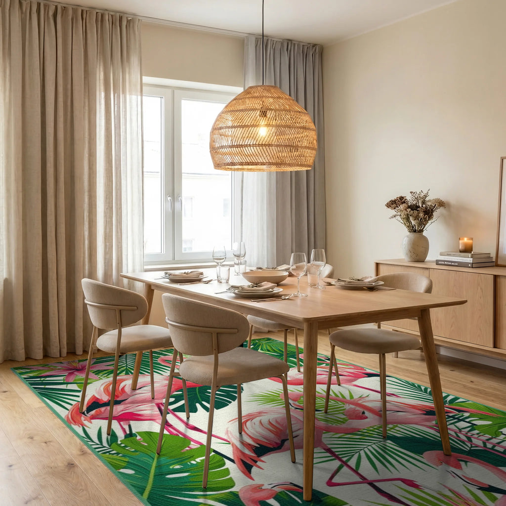Pink Flamingo Tropical Foliage Rug - Dining Room View