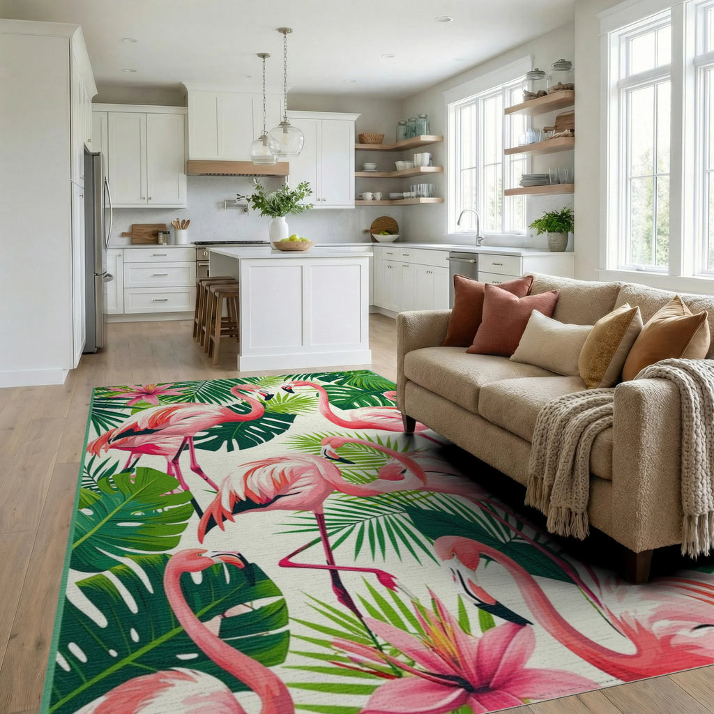 Pink Flamingo Tropical Foliage Rug - Living Room View