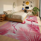 Pink Flamingo Tropical Leaf Arrangement Rug - Bedroom View