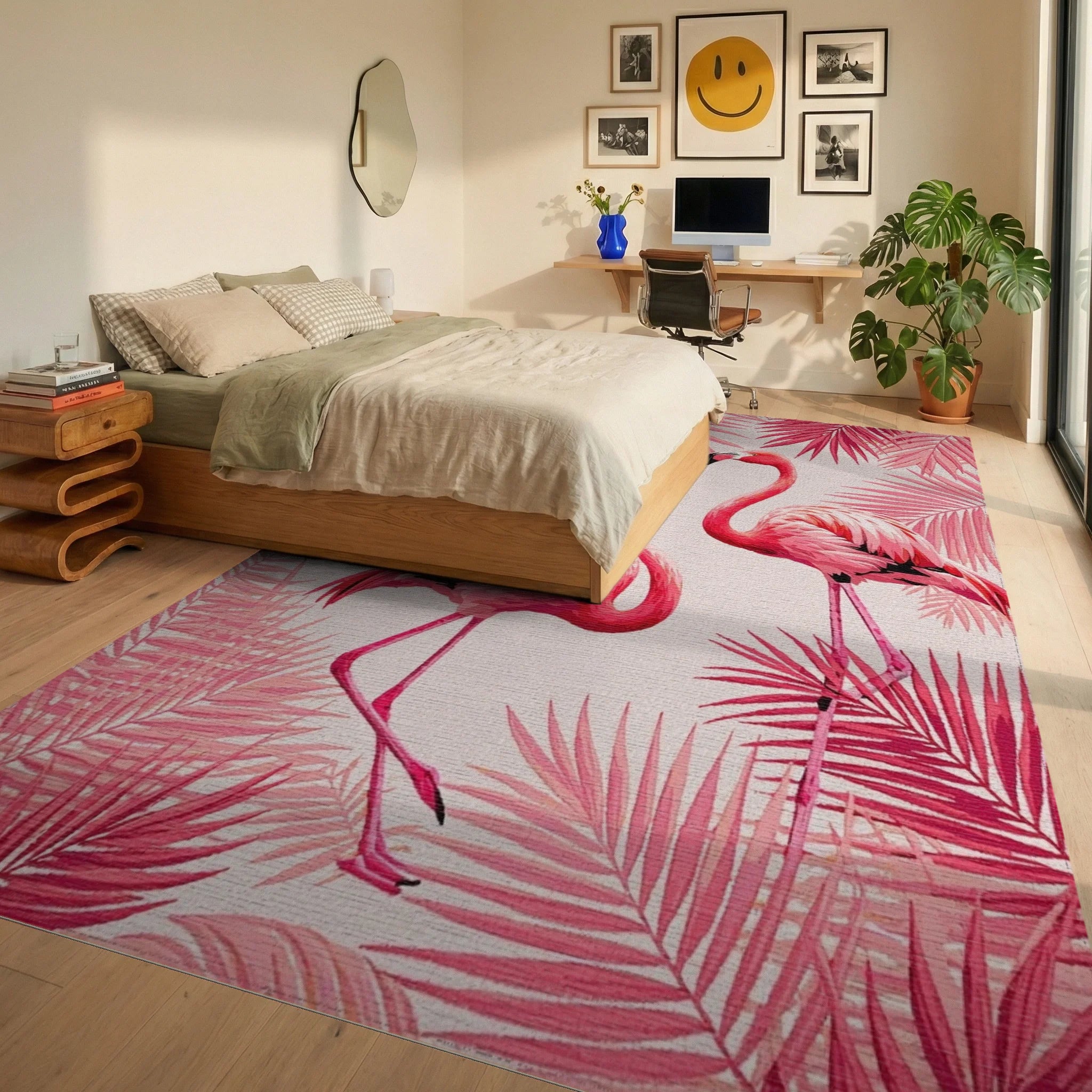 Pink Flamingo Tropical Leaf Arrangement Rug - Bedroom View