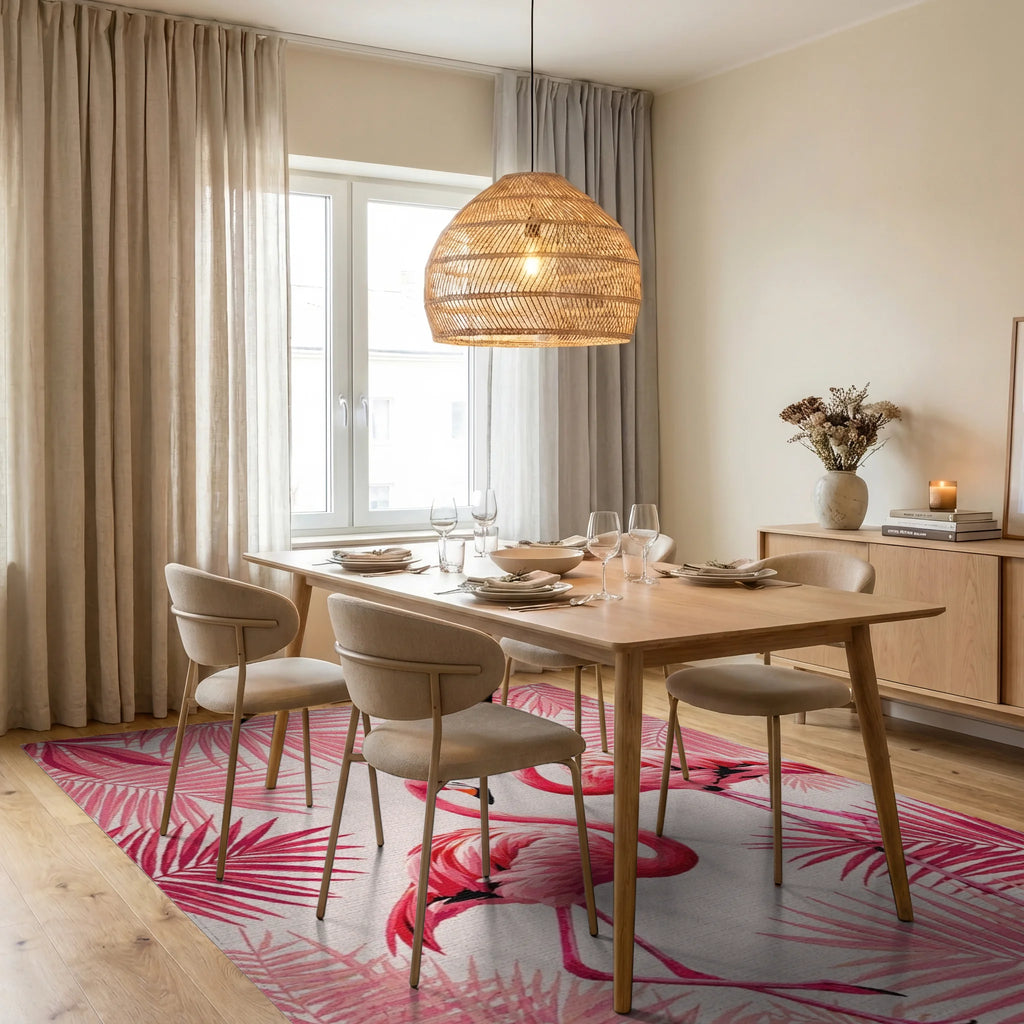 Pink Flamingo Tropical Leaf Arrangement Rug - Dining Room View