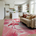 Pink Flamingo Tropical Leaf Arrangement Rug - Living Room View
