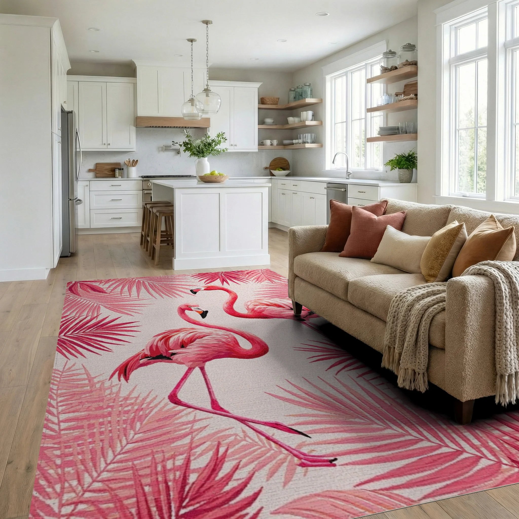 Pink Flamingo Tropical Leaf Arrangement Rug - Living Room View