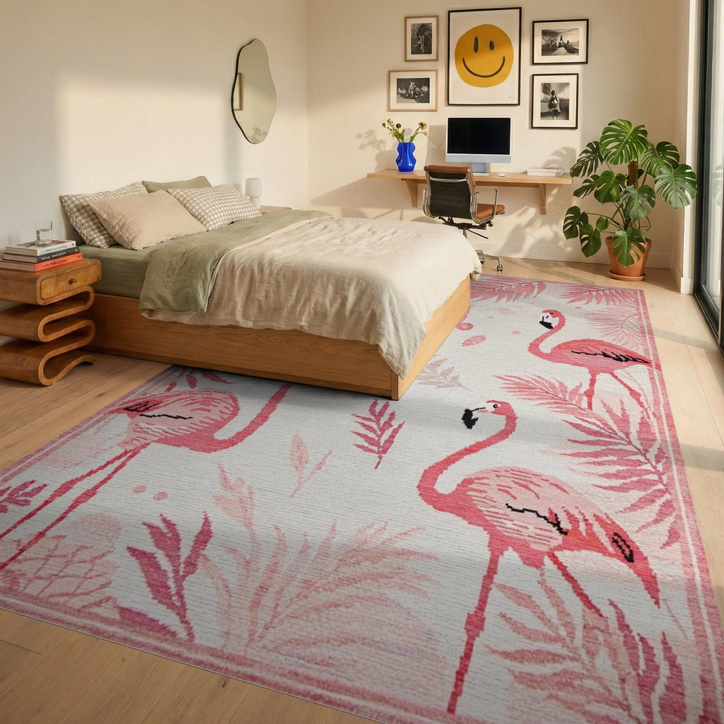 Pink Flamingos Tropical Leaf Border Rug - Bedroom View