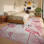 Pink Flamingos Tropical Leaf Border Rug - Bedroom View