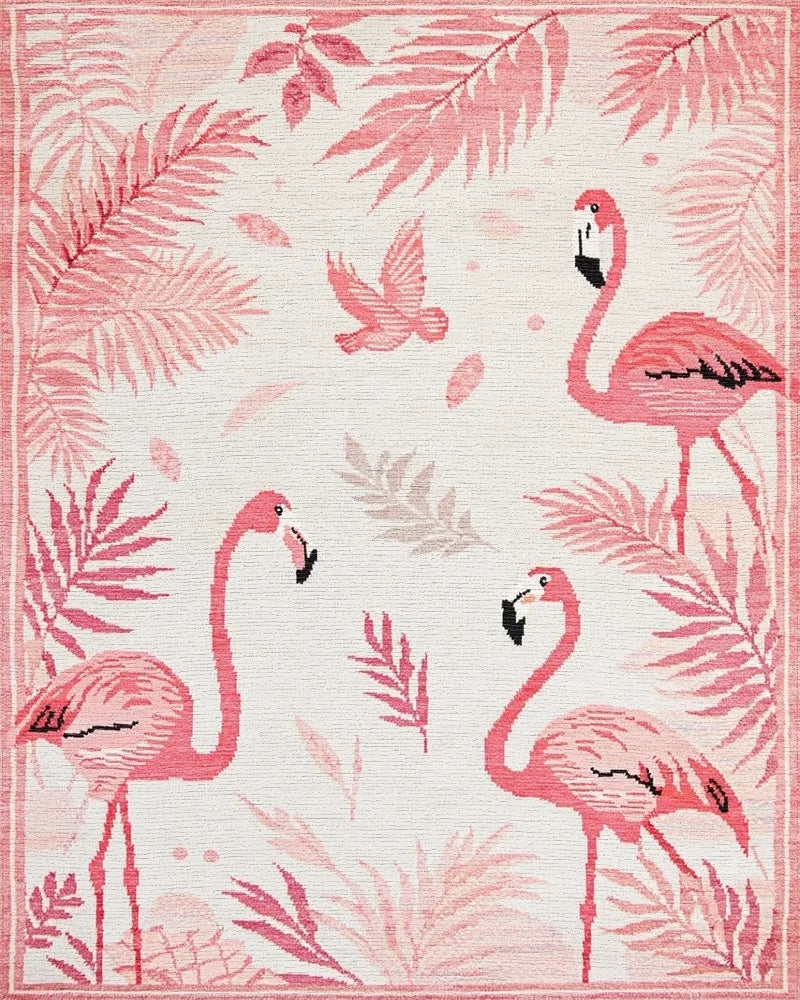 Pink Flamingos Tropical Leaf Border Rug - Cutout View