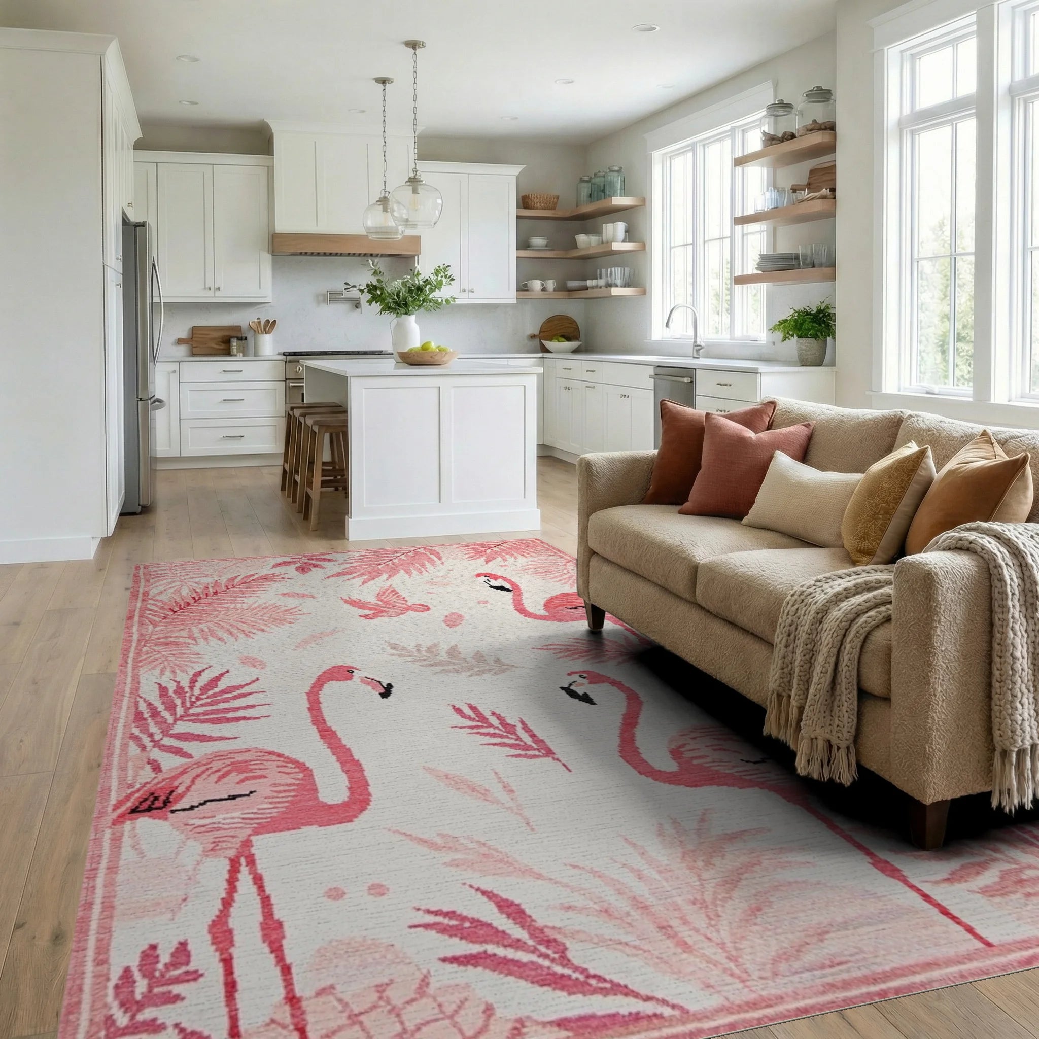 Pink Flamingos Tropical Leaf Border Rug - Living Room View
