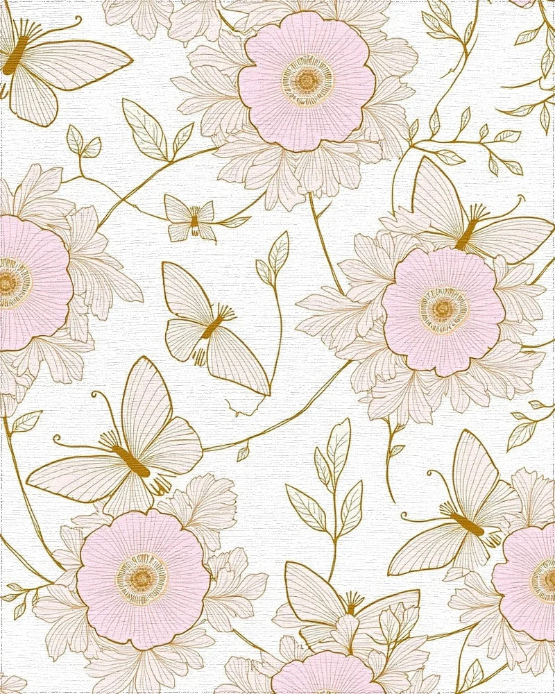 Pink Floral And Butterfly Outline Rug - Cutout View