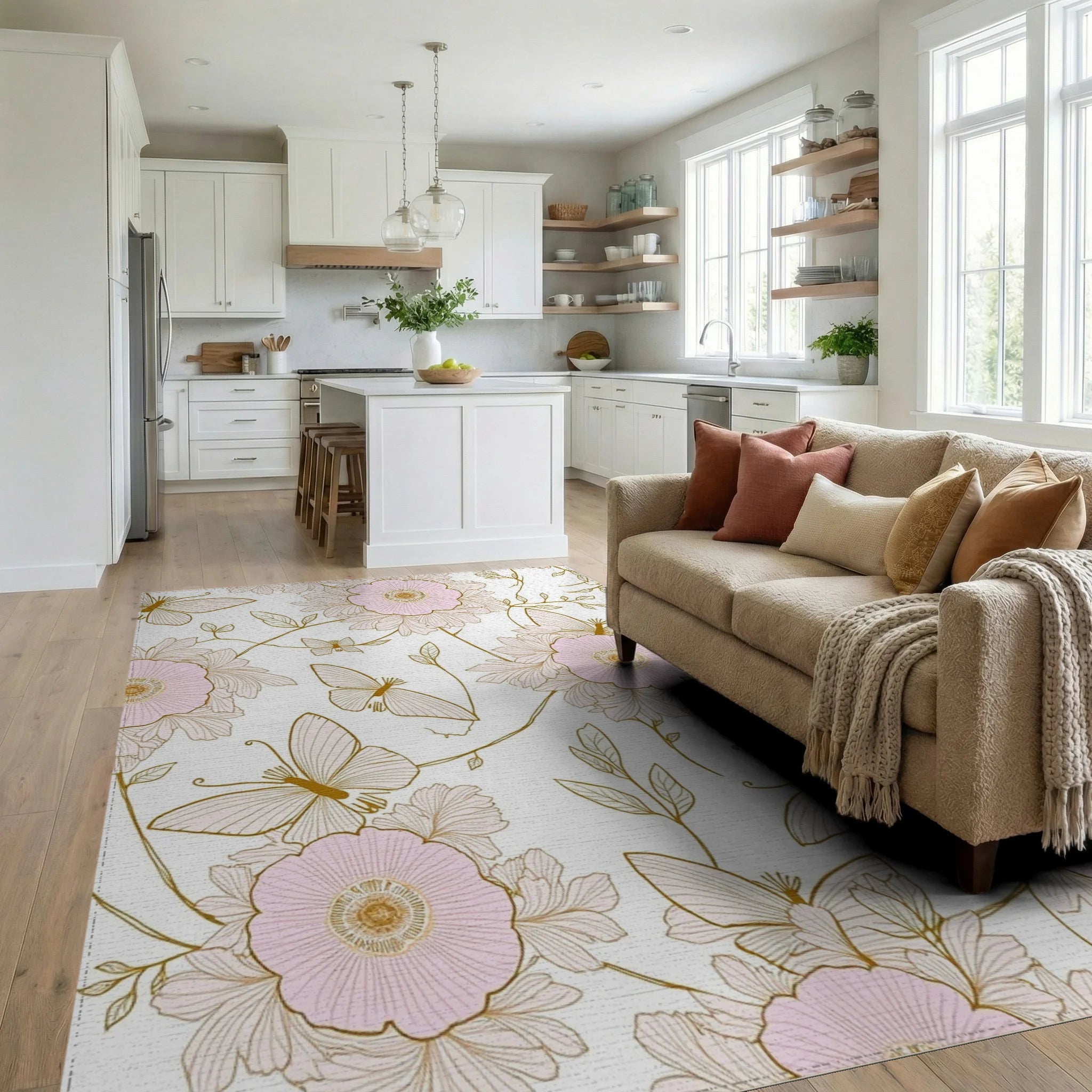 Pink Floral And Butterfly Outline Rug - Living Room View