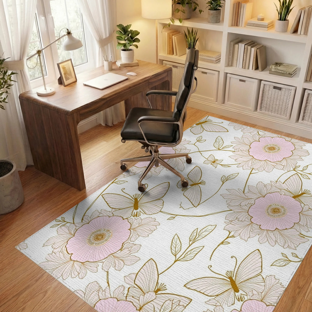 Pink Floral And Butterfly Outline Rug - Office View