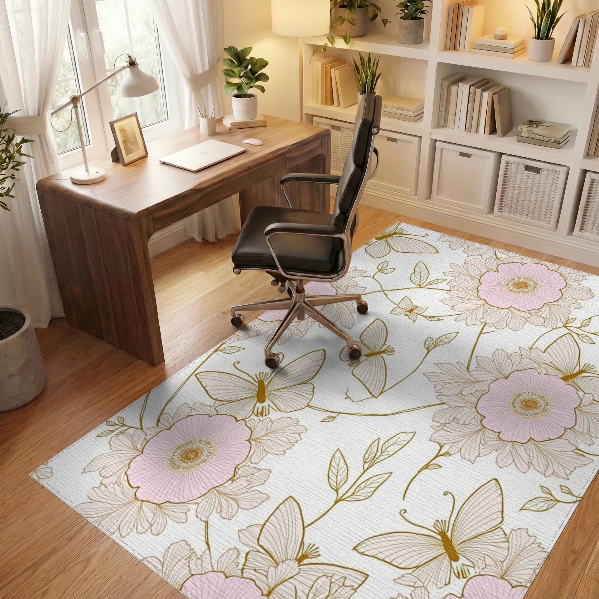 Pink Floral And Butterfly Outline Rug - Office View