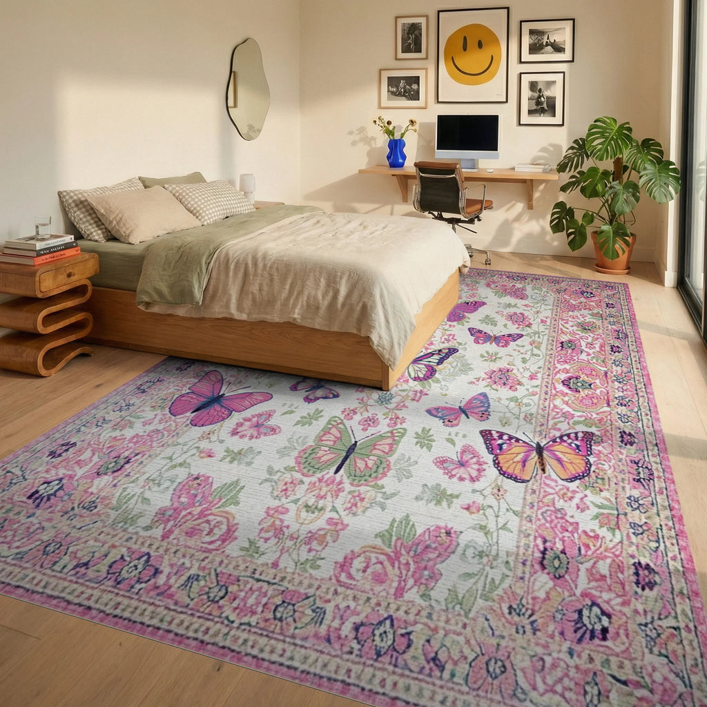 Pink Floral Butterfly Meadow Accent Rug - Bedroom View