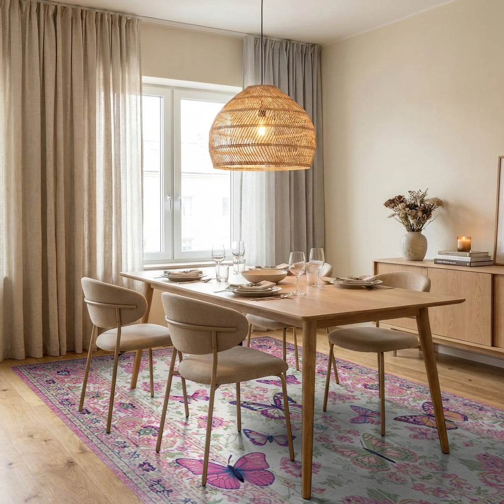 Pink Floral Butterfly Meadow Accent Rug - Dining Room View