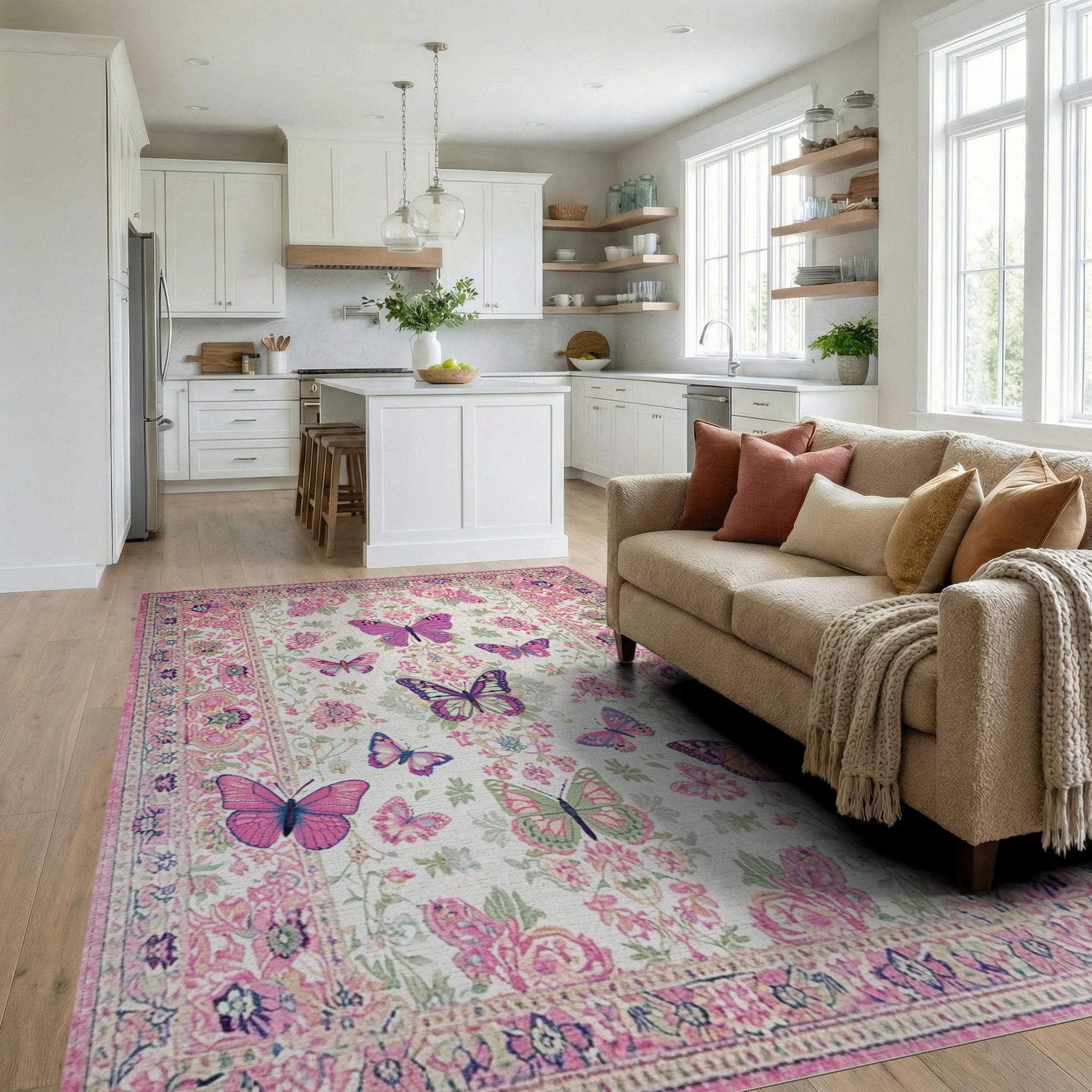 Pink Floral Butterfly Meadow Accent Rug - Living Room View