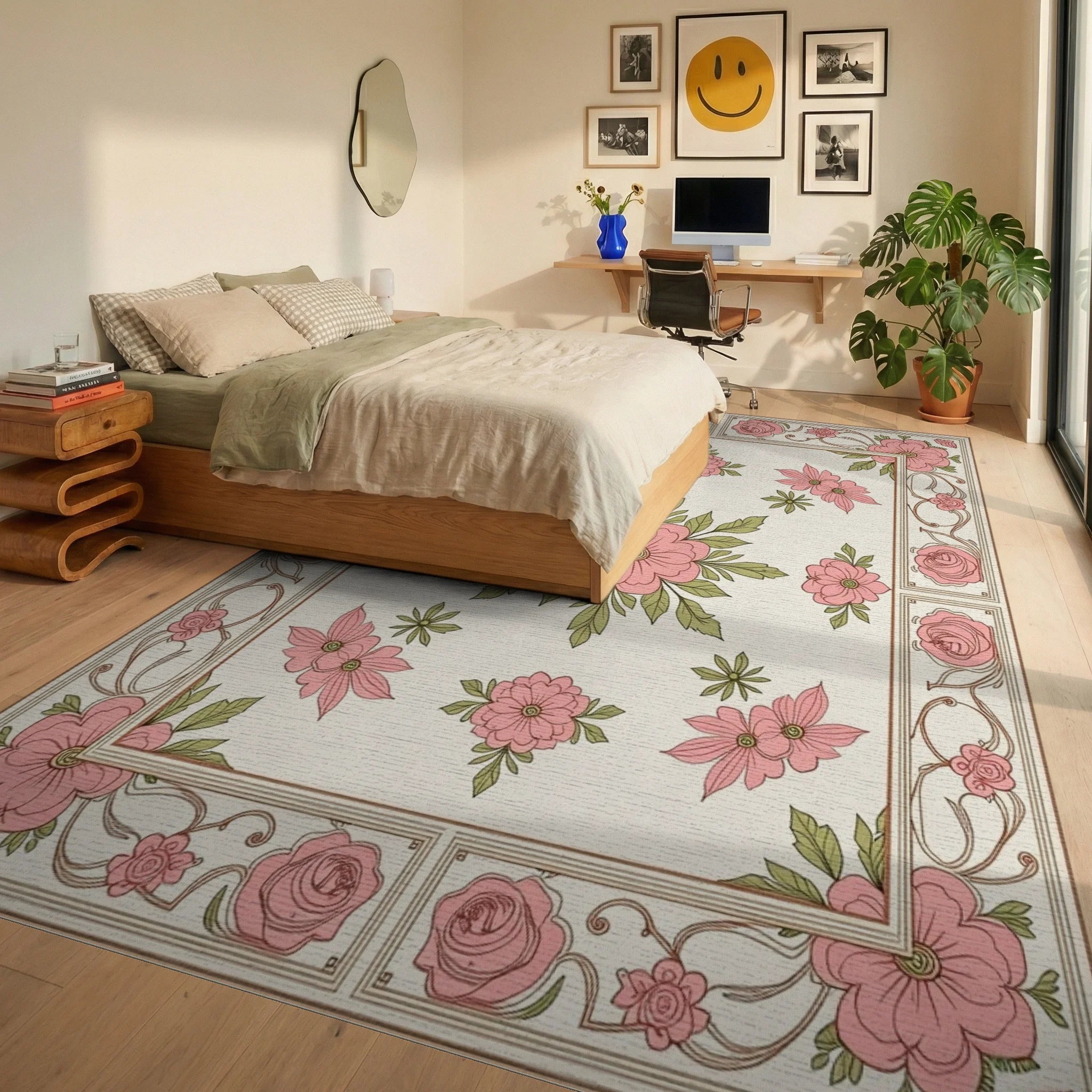 Pink Floral Garden Inspired Rug Bedroom View