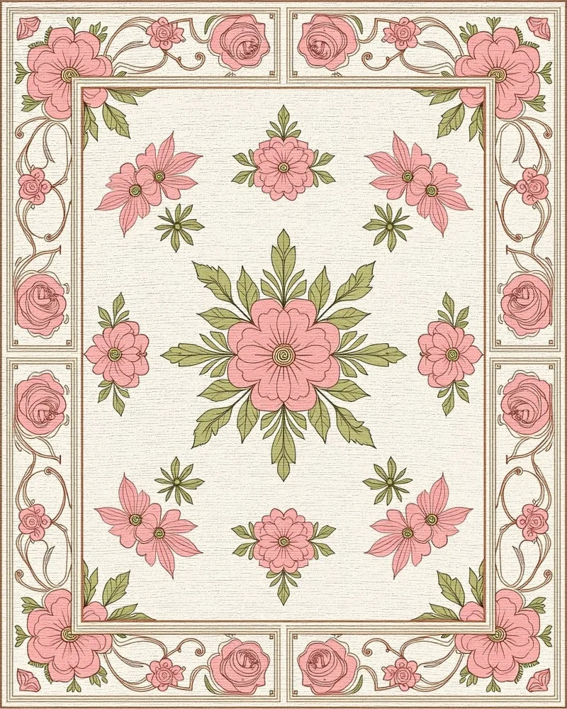 Pink Floral Garden Inspired Rug - Cutout View