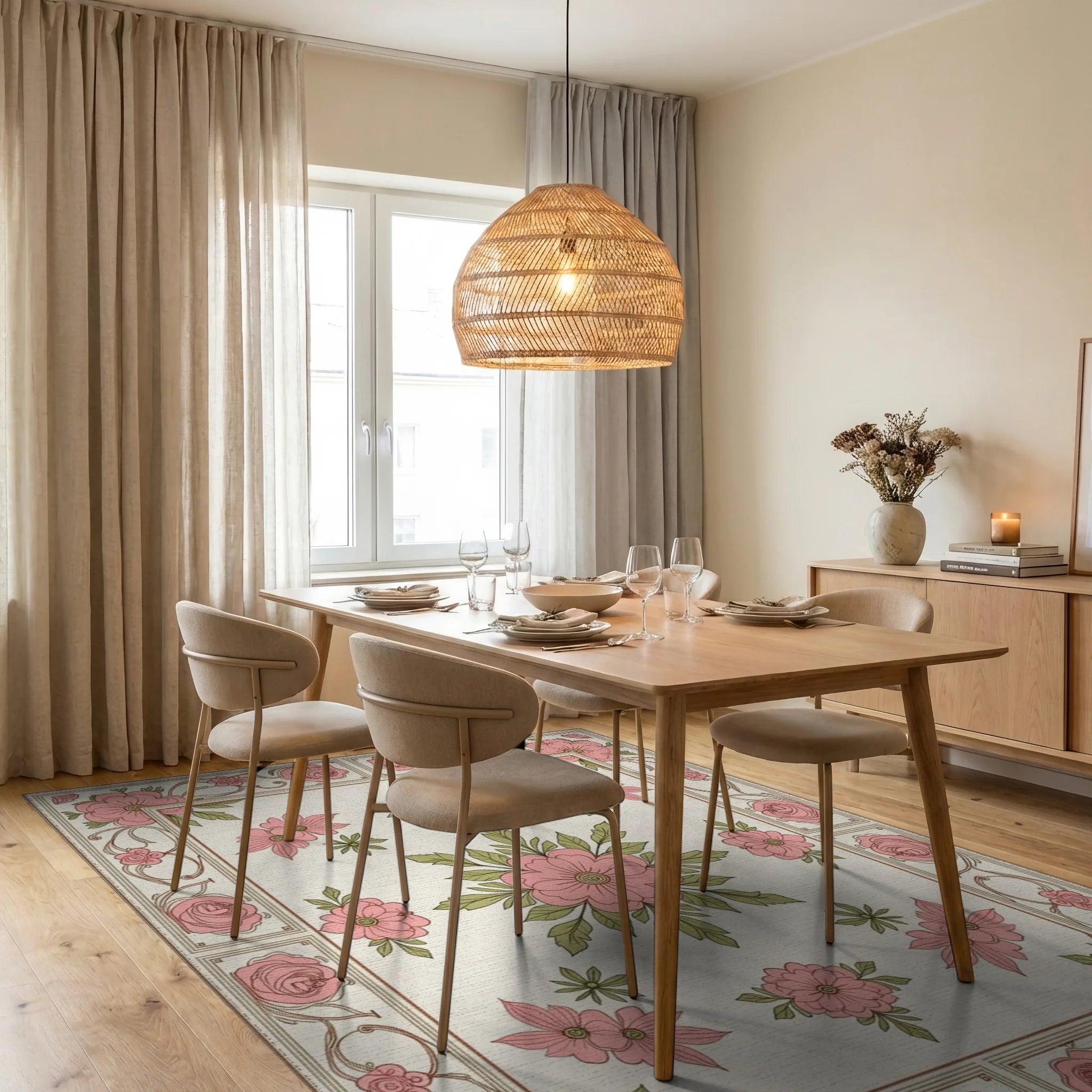 Pink Floral Garden Inspired Rug Dining Room View