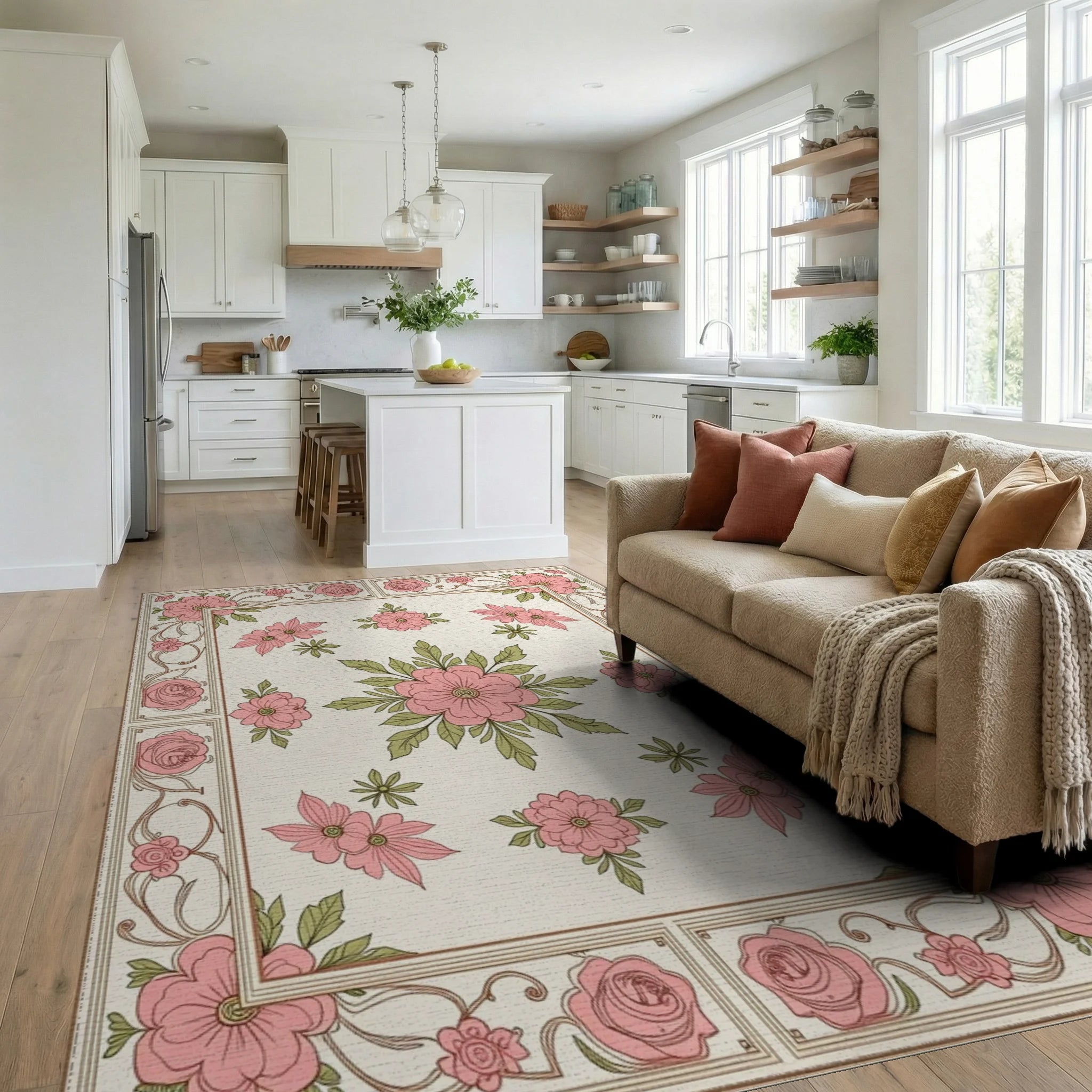 Pink Floral Garden Inspired Rug Living Room View