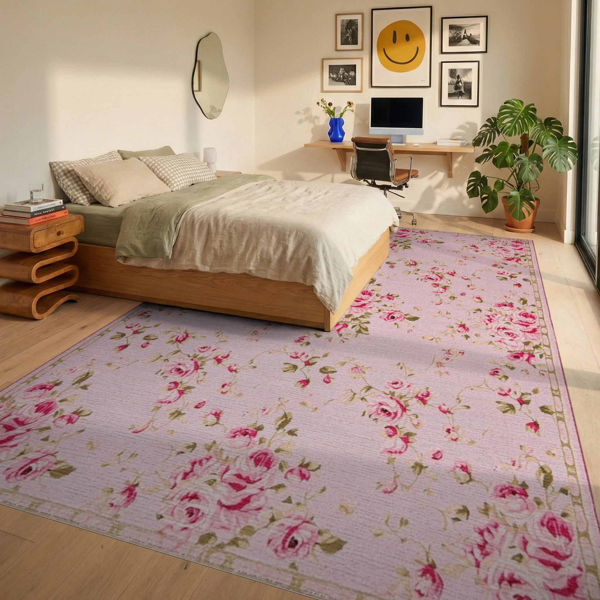 Pink Floral Garden Rose Arrangement Rug - Bedroom View