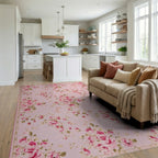 Pink Floral Garden Rose Arrangement Rug - Living Room View