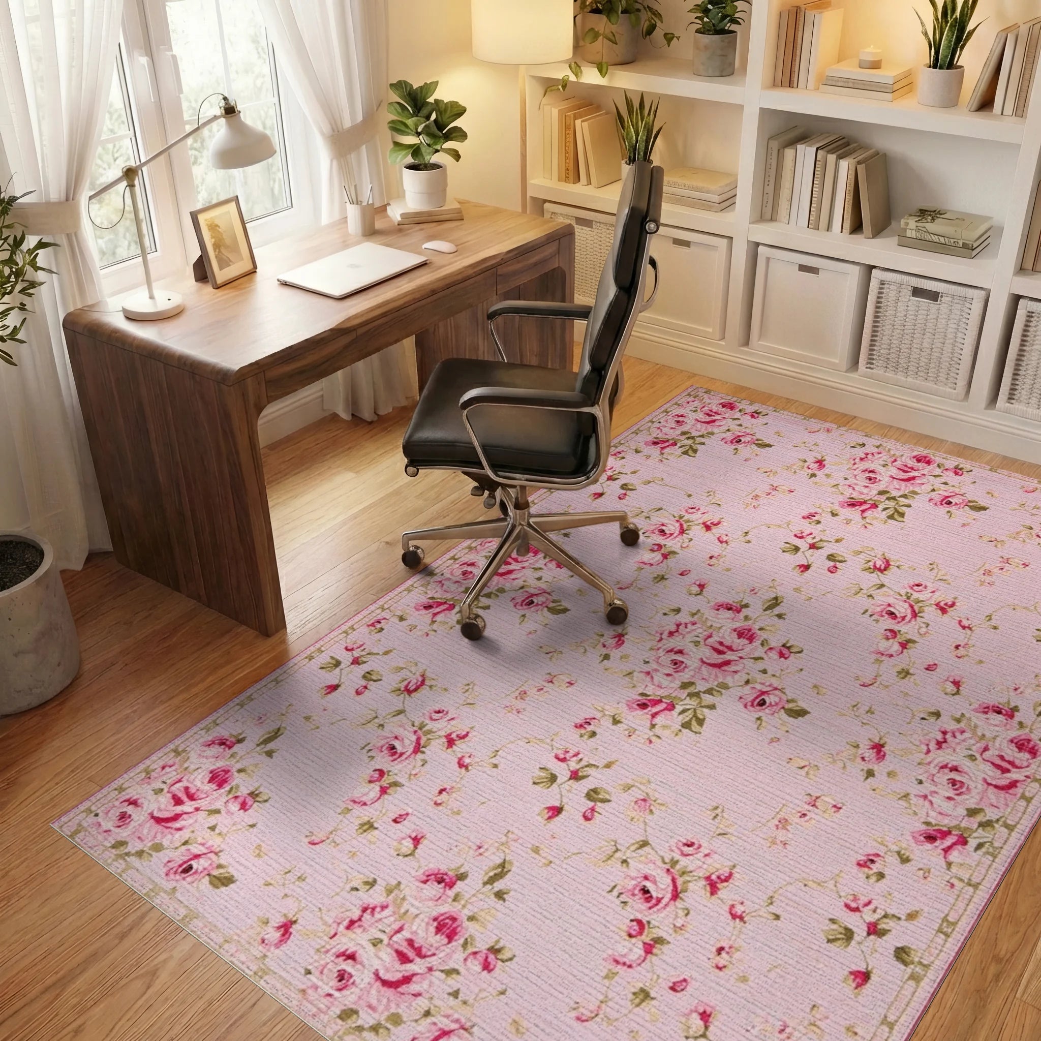 Pink Floral Garden Rose Arrangement Rug - Office View