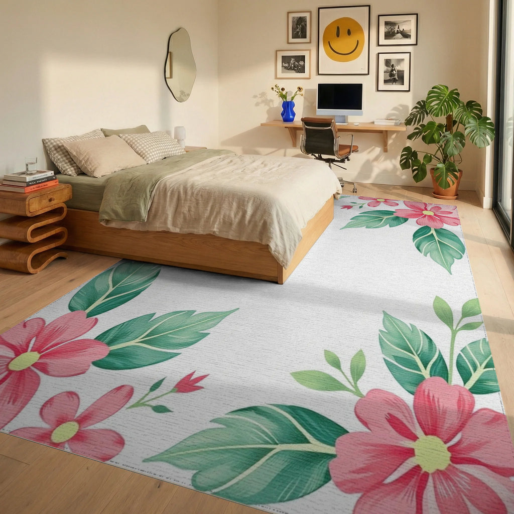 Pink Floral Leaf Corner Accents Rug Bedroom View