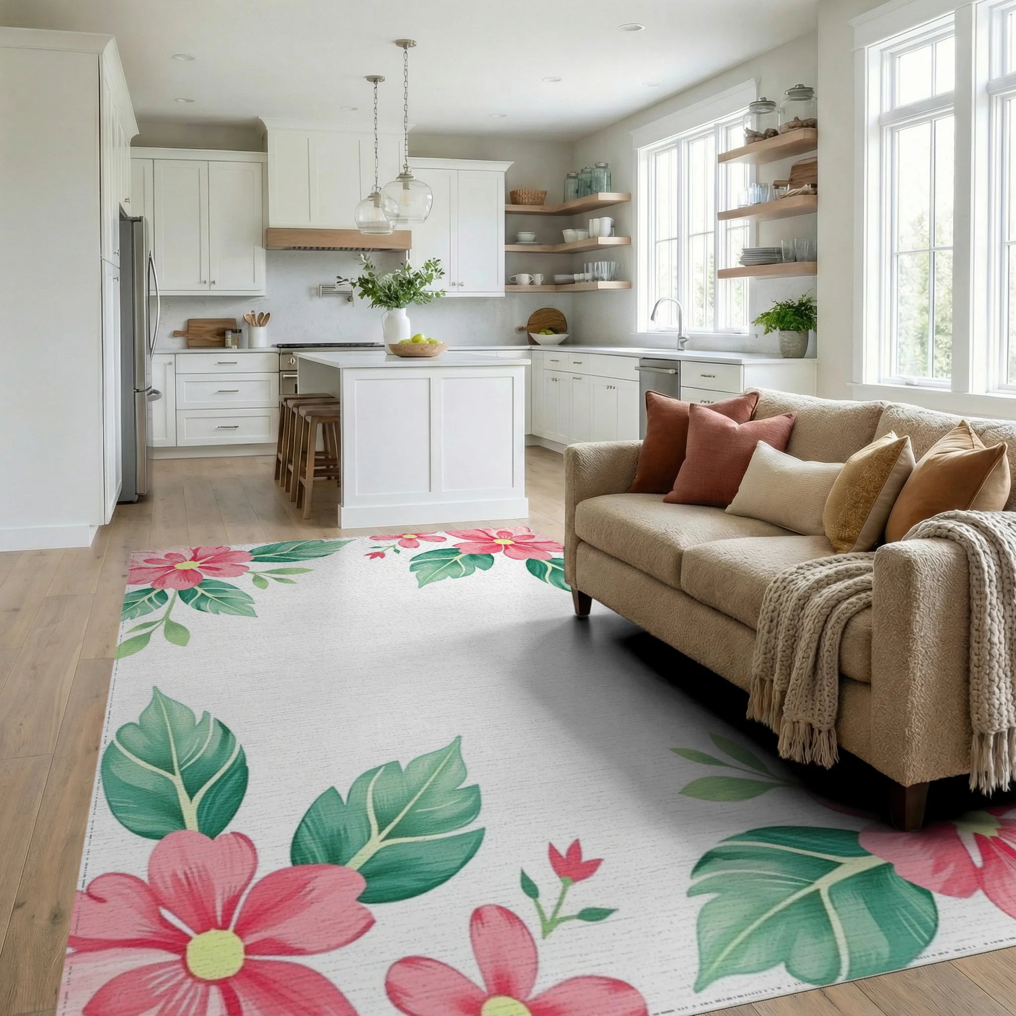 Pink Floral Leaf Corner Accents Rug Living Room View